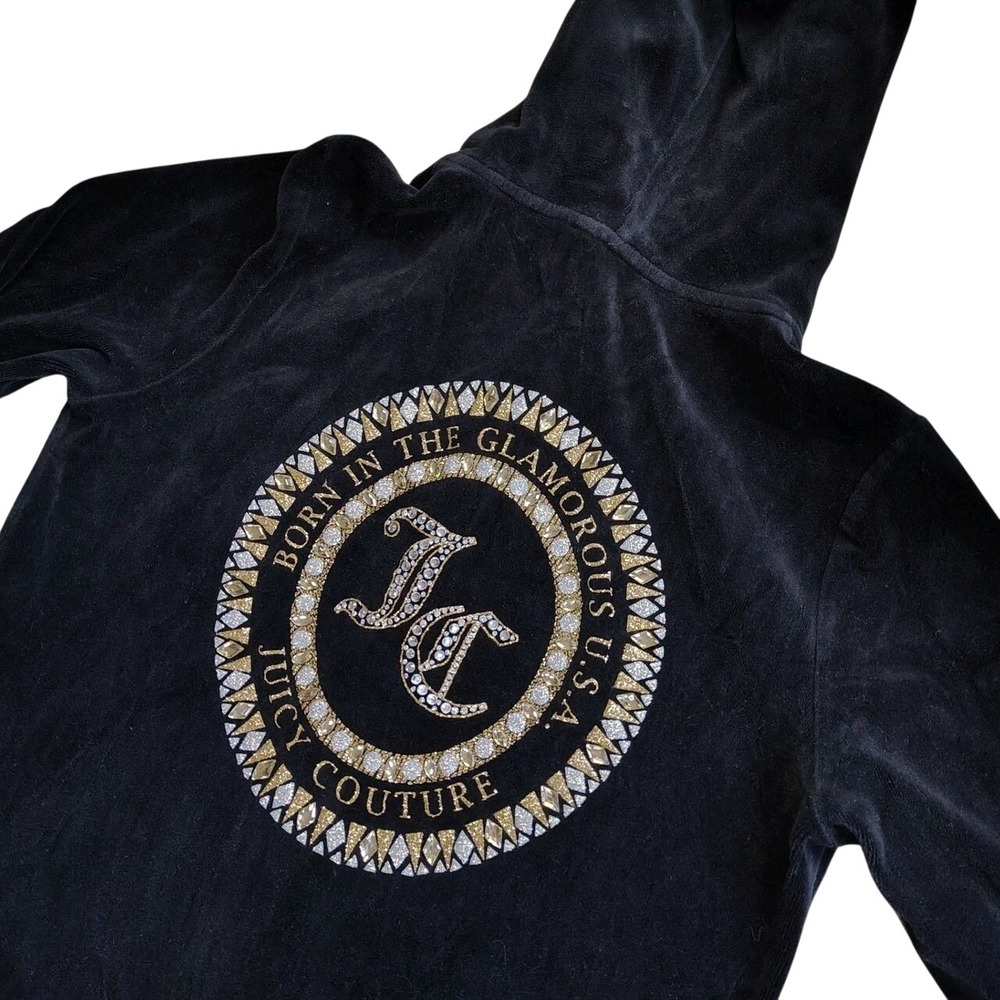 Juicy Couture Medium Black Label Velour Full Zip Hoodie Rhinestone Logo Glam Y2K